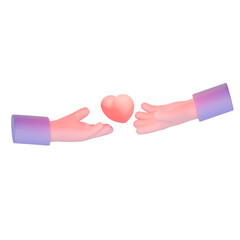 3D rendering cartoon-style illustration. One hand holds out a heart to the other. The concept of a declaration of love.