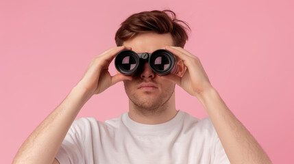 A cheerful young man on a bike, holding binoculars, dressed in a stylish shirt, against a vibrant pink backdrop.