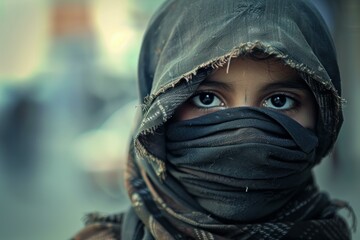 Portrait of a refugee child with intense eyes, wearing a torn dark shawl covering most of the face, symbolizing poverty, war, and displacement