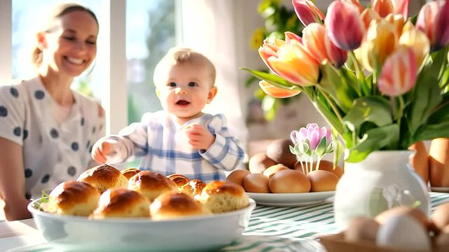 Easter Table Setting with Family and Colorful Tulip Centerpiece