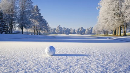 Golf ball on snow-covered fairway, winter golf course scene.