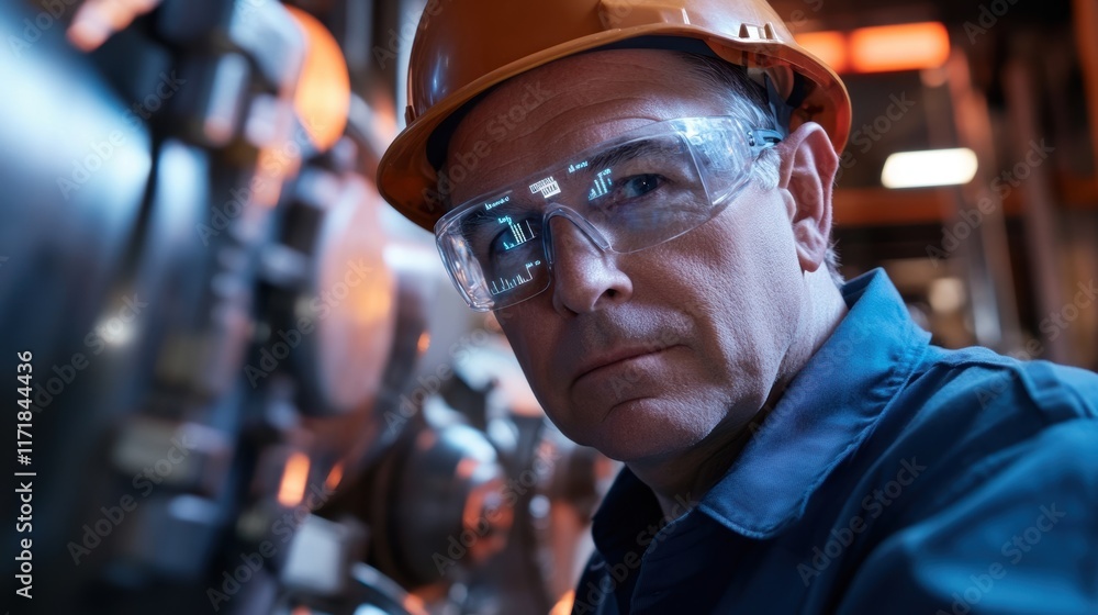 Poster industrial engineer wearing ar glasses and hardhat is working in modern heavy industry factory with 