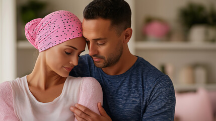 Loving couple embracing in an emotional moment, symbolizing support, hope, and compassion, perfect for World Cancer Day and awareness designs.