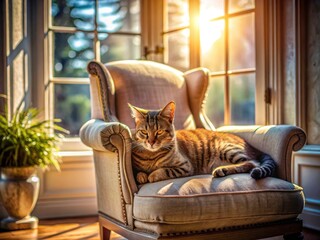 A sunlit interior:  peaceful feline slumber in a comfortable armchair, home serenity captured.