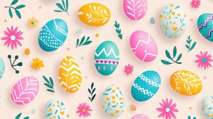 A seamless vector-style pattern of Easter eggs in flat pastel colors, featuring geometric and floral designs on each egg.