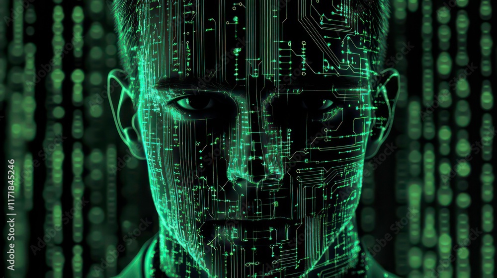 Aufkleber man's face overlaid with circuit board, green digital code background.