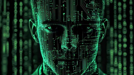 Man's face overlaid with circuit board, green digital code background.