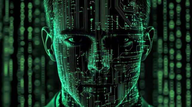 Man's face overlaid with circuit board, green digital code background.