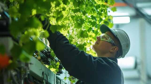 Technician wearing safety glasses and a helmet is inspecting plants thriving in a vertical farm, utilizing hydroponics and led lights for optimal growth and sustainability