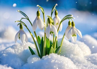 Delicate white snowdrops, Galanthus, bloom bravely through winter's snow.