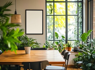 Fototapeta premium Modern interior of a dining room with a designer wooden table and armchairs, black window frames in a boho-style home decor, plants on the floor, and a poster mockup