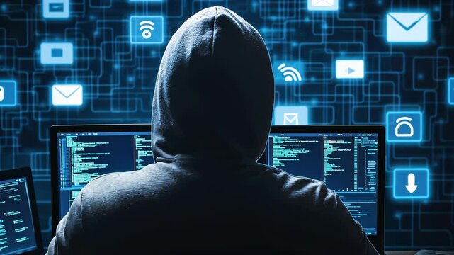 A vivid D illustration showcasing cyber crime themes like hacking, data breaches, and internet privacy threats.