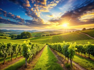 Naklejka premium Breathtaking vineyard photography: a stunning cinematic scene, picturesque and idyllic landscape.