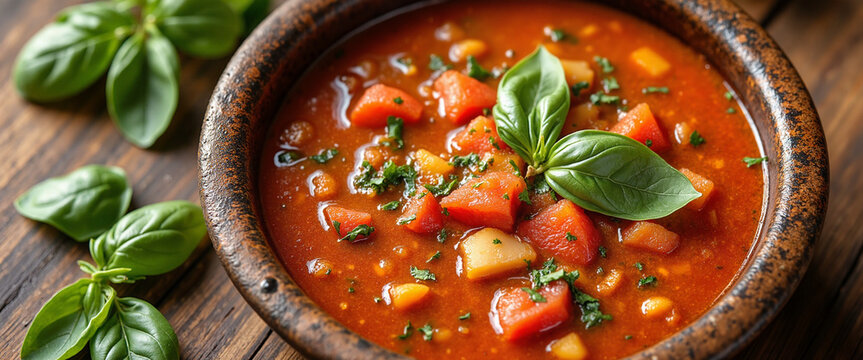 Bountiful vegetable soup in a rustic bowl adorned with fresh basil leaves, evoking warmth and comfort on a wooden table