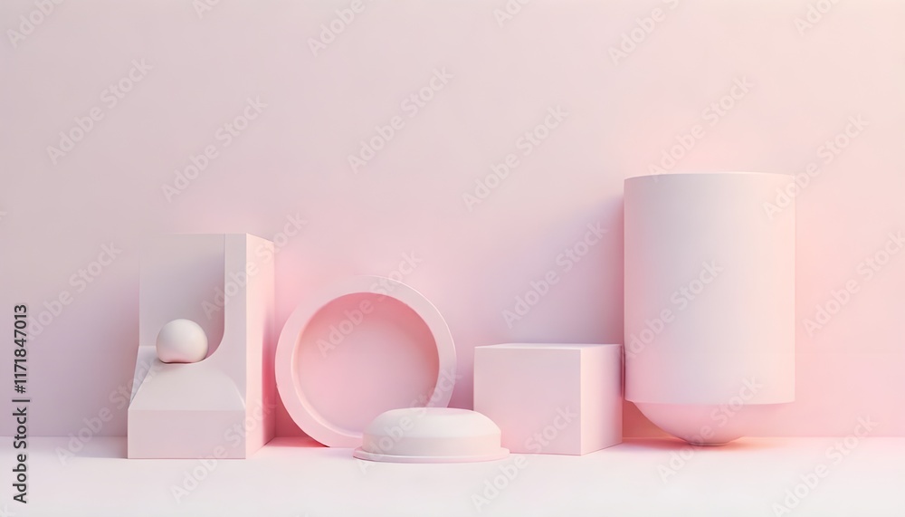 Poster a minimalist 3d render of geometric shapes in pastel tones, with soft lighting and shadows