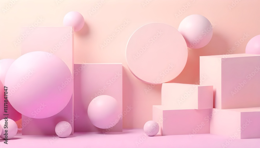 Poster a minimalist 3d render of geometric shapes in pastel tones, with soft lighting and shadows