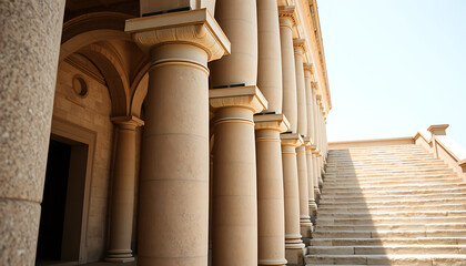 Stone pillars row and stairs detail. Classical building facade	
