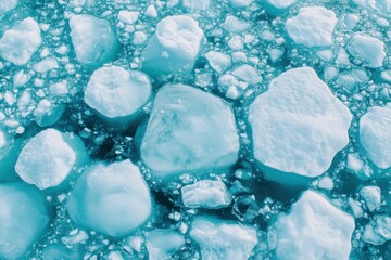 Frozen icebergs and blue ocean water captured from above showcasing natural beauty, shapes and textures environmental concept