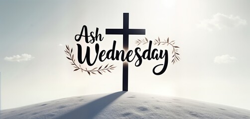 Ash Wednesday message. Religious illustration of cross, text. Simple graphic design on snow landscape. Peaceful scene conveys devotion. Suitable for Christian communities, organizations. Illustrates