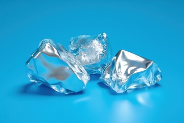 Shiny Ice Cubes on Bright Blue Background Reflecting Light, Cooling Concept