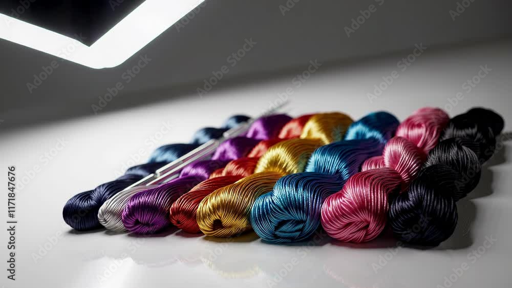 Aufkleber neatly arranged colorful spools of thread on a wooden table in a minimalist workspace