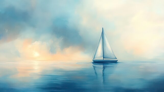 Serene sailboat at sunset, reflecting on calm ocean water under a pastel sky.