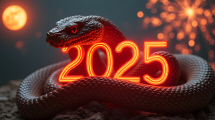 Fototapeta premium A majestic snake with wooden scale coiled around a glowing red '2025' symbol, set against a backdrop of fireworks and a full moon
