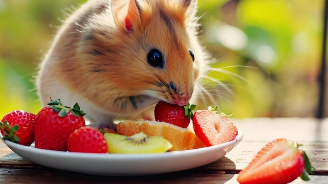 Adorable hamster nibbles on food from a plate, its tiny paws adding charm, Ai Generated.