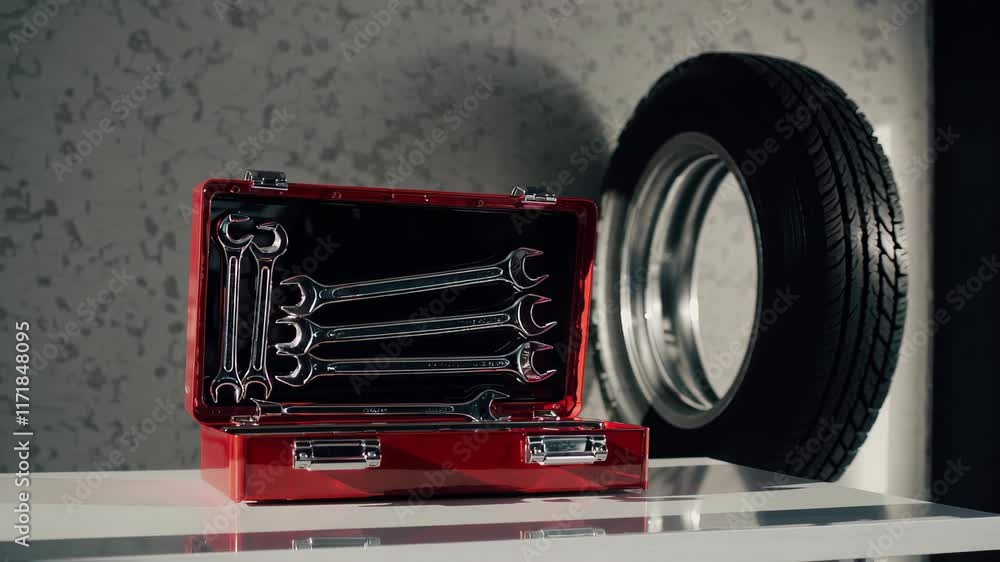 Poster organized metal tool box with wrenches neatly arranged, positioned in a workshop setting near machin