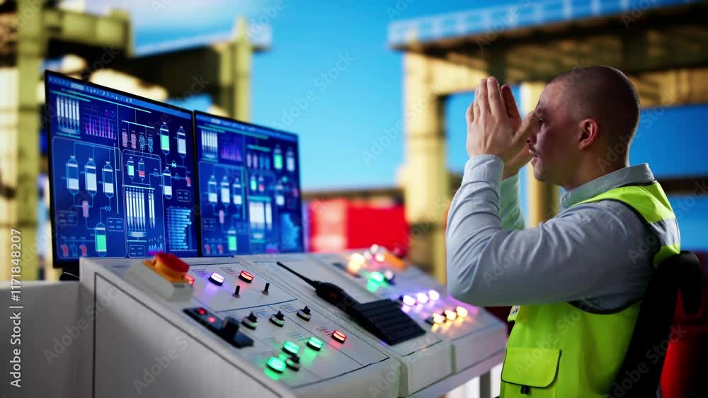 Poster unhappy engineer operator in trouble