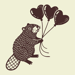 beaver holding heart-shaped balloons, cute vintage illustration