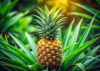 Obraz premium Close-up documentary image: vibrant pineapple, lush green leaves, showcasing tropical plant life.