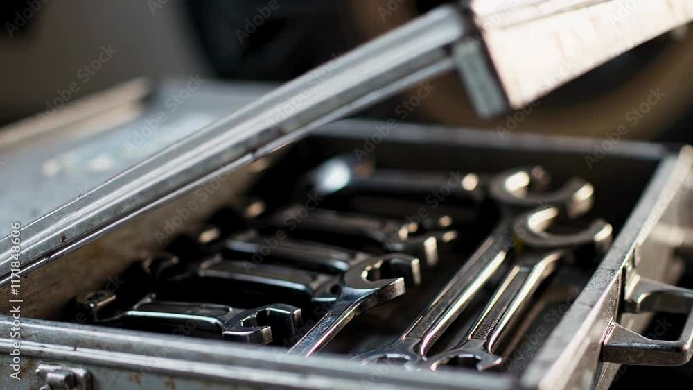 Poster organized metal tool box with wrenches neatly arranged, positioned in a workshop setting near machin