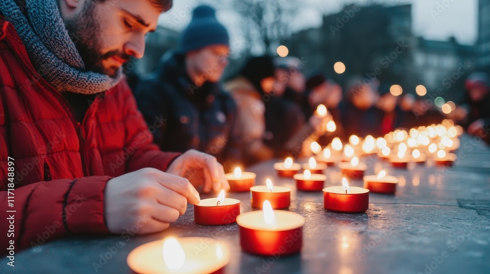 Poster a somber gathering where individuals light candles in remembrance, creating a serene atmosphere fill
