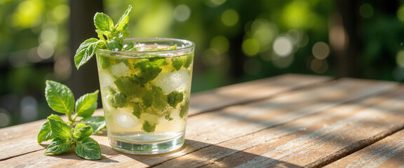 Refreshing mint-infused drink with ice in a clear glass on a wooden table surrounded by green foliage and sunlight
