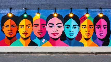 A vibrant mural featuring diverse, colorful portraits of women, showcasing a blend of artistic styles and cultural representation.