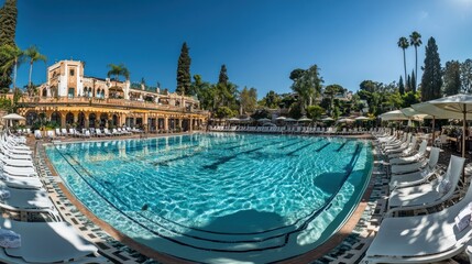 Resort poolside panoramic, sunny day, chaise lounges, Mediterranean villa background, vacation