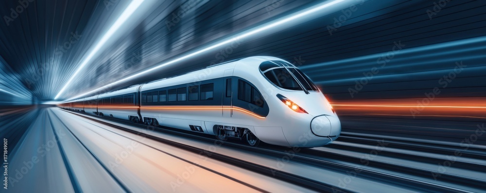 Poster high-speed train in motion through a modern tunnel with dynamic light trails showcasing technology a