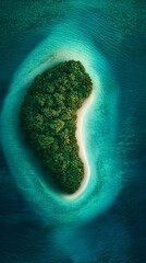 Aerial view of a lush green island surrounded by turquoise water.