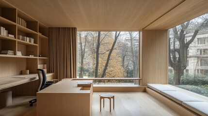 Modern minimalist home office with large window overlooking park.