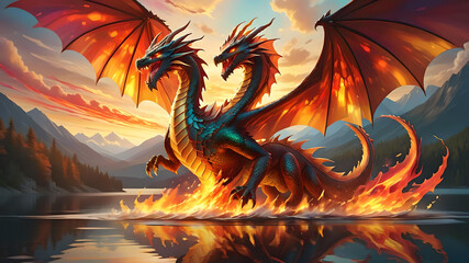 Epic Dragon Breathing Fire:  Surrounded by flames, lake, mountains at sunset