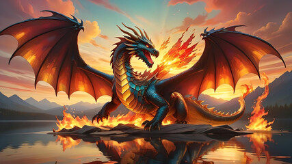 Epic Dragon Breathing Fire:  Surrounded by flames, lake, mountains at sunset