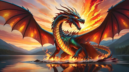 Epic Dragon Breathing Fire:  Surrounded by flames, lake, mountains at sunset