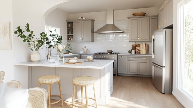 Stylish modern kitchen with gray cabinetry and light granite countertops featuring a U-shaped layout