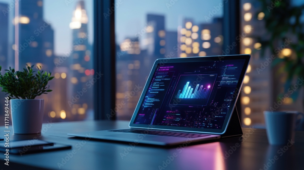 Aufkleber modern workspace with laptop displaying data visualization against cityscape at dusk