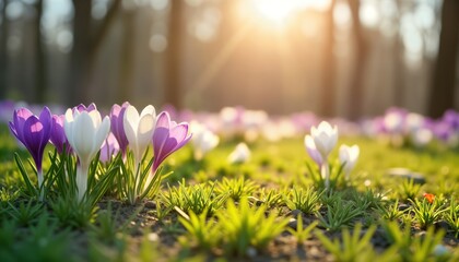 Spring flowers crocuses bloom in sunny meadow. Fresh flowers show vibrant colors in beautiful landscape. Sunlight shines on early spring flowers. Springtime beauty everywhere. Peaceful, fresh