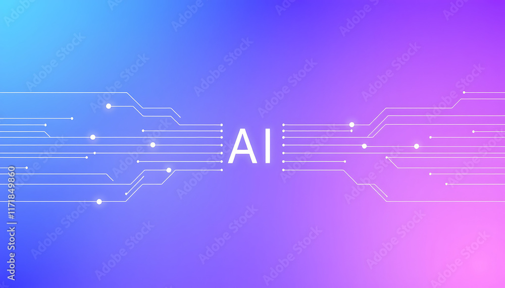 Poster gradient blue to purple, vector graphic of simple lines and dots connecting the shape of an ai netwo