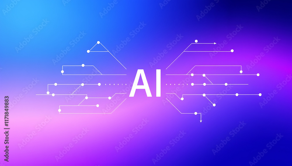 Poster gradient blue to purple, vector graphic of simple lines and dots connecting the shape of an ai netwo