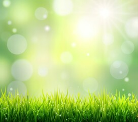 Fototapeta premium Fresh spring meadow. Green grass with water droplets. Blurred background of light green, yellow tones creating soft bokeh effect. Sunny day. Natural beauty of spring nature. Vivid colours. Ideal for