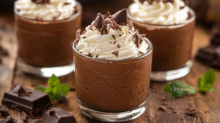 Close up texture of thick glossy chocolate mousse with a smooth creamy appearance showcasing melted chocolate and whipped cream in a chaotic yet indulgent form

